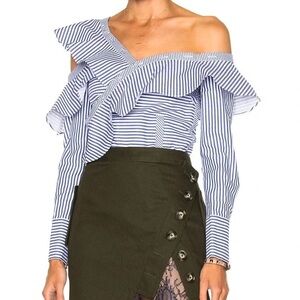 Self-Portrait Blue and White Striped One-Shoulder Ruffle Top